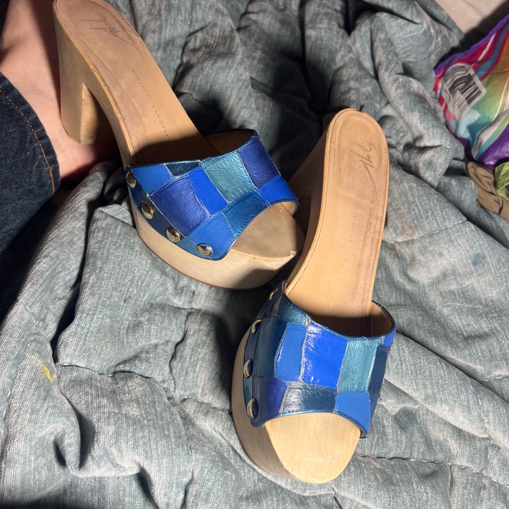 Giuseppe  Blue Patchwork clogs